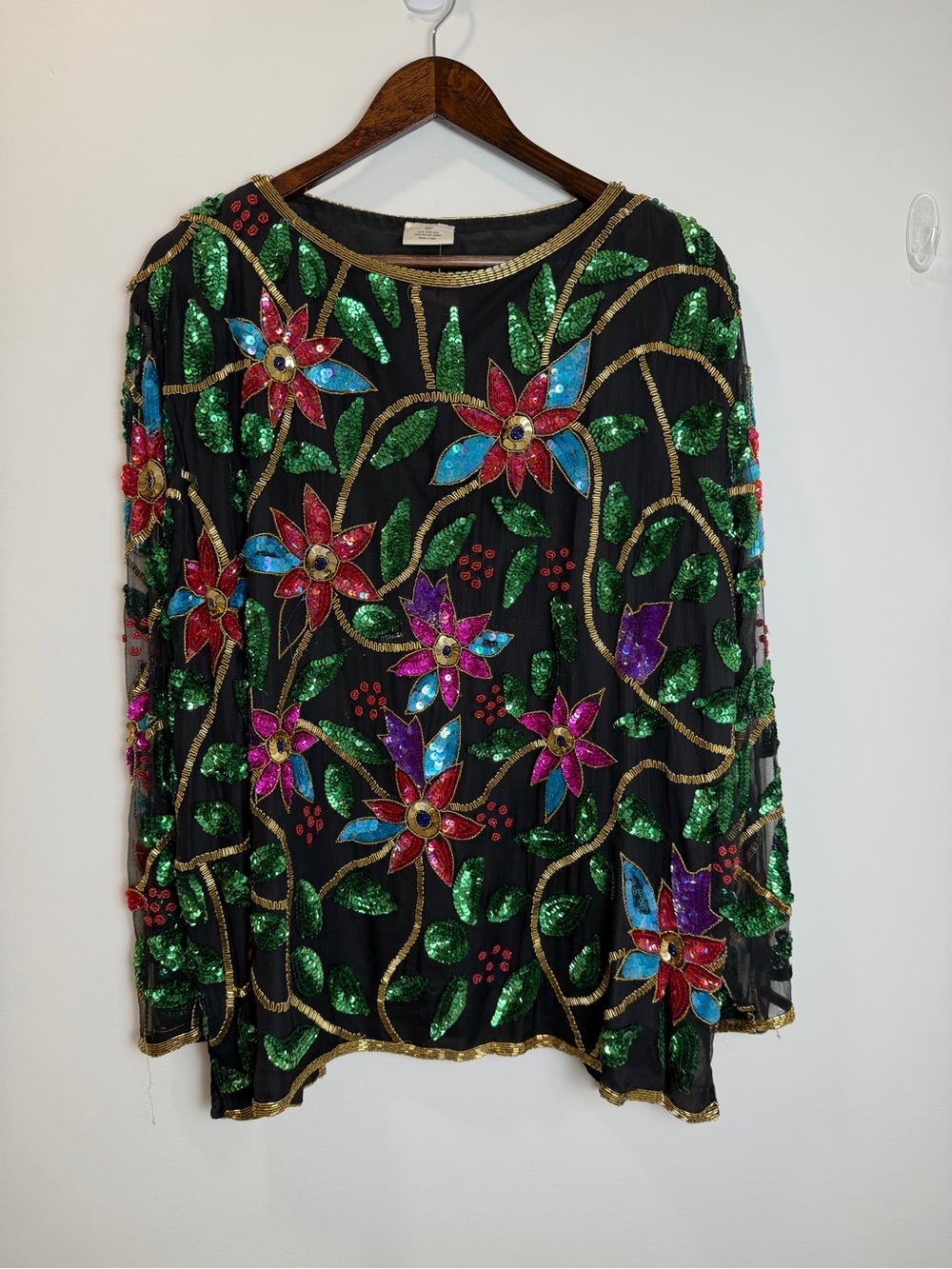 Vintage India Silk Sequin Beaded Floral Jacket Top Black 3X Boho Art Wear